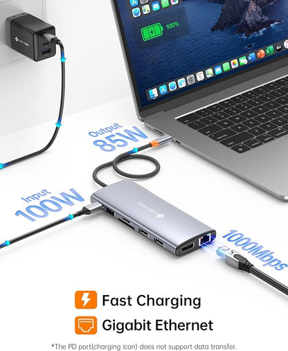 NOVOO USB C Docking Station Dual Monitor for Laptop, 14 in 1 USB C Hub Adapter Thunderbolt 3 to Dual 4K60 HDMI+8K30 DP USB C/A Data 100W PD RJ45 SD/TF Audio