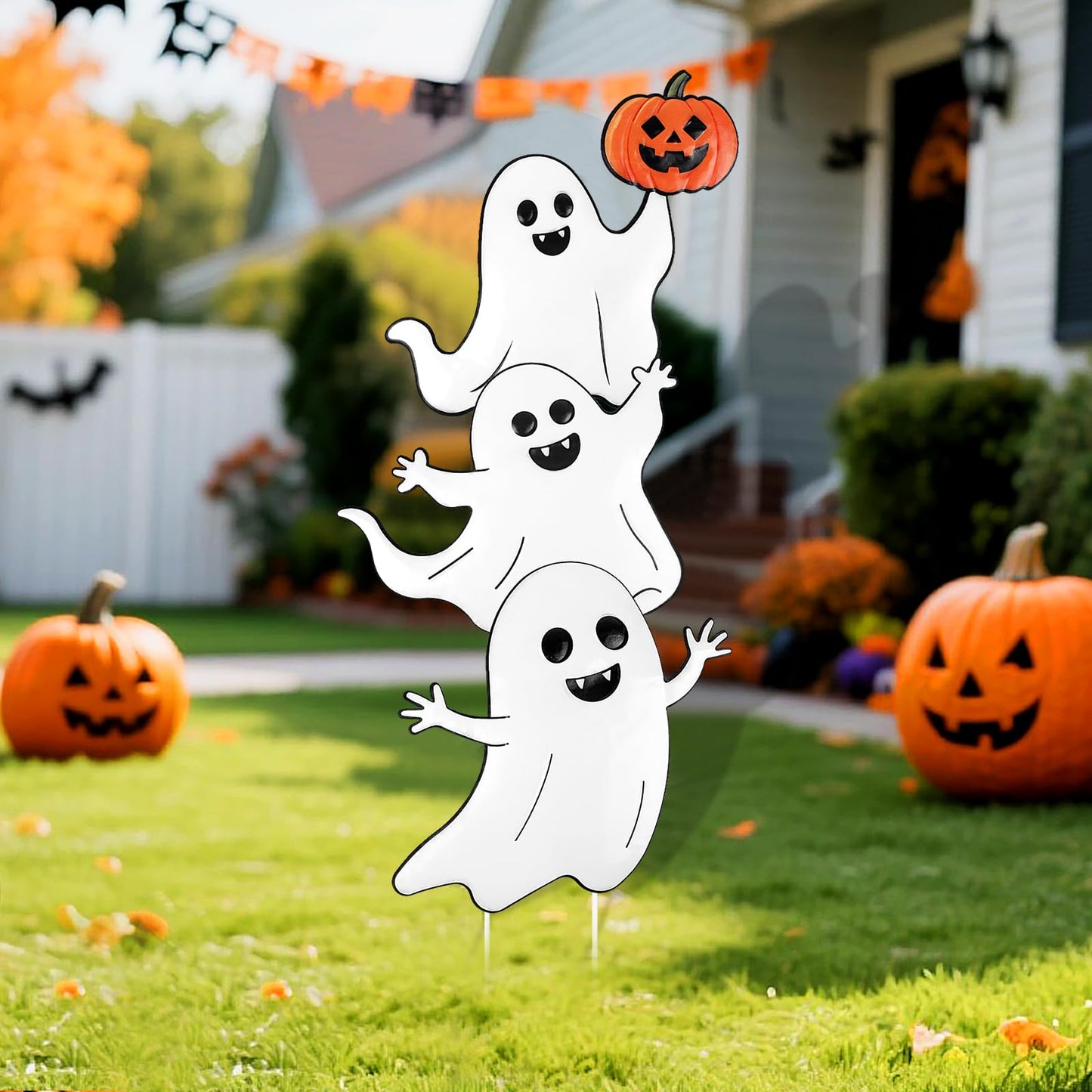 TaoQ C Halloween Ghost Yard Signs Metal Ghost Yard Sign with Pumpkin Halloween Metal Garden Stakes for Outdoor Garden Lawn Patio Pathway Horror Party Decorations