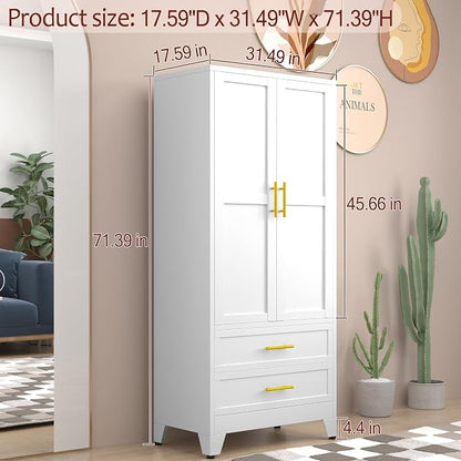 winiowa Metal Armoire Wardrobe Closet with 2 Drawers, 71" Wardrobe Cabinet with Adjustable Shelves and Hanging Rod, Clothing Storage Cabinet Closet for Bedroom-White