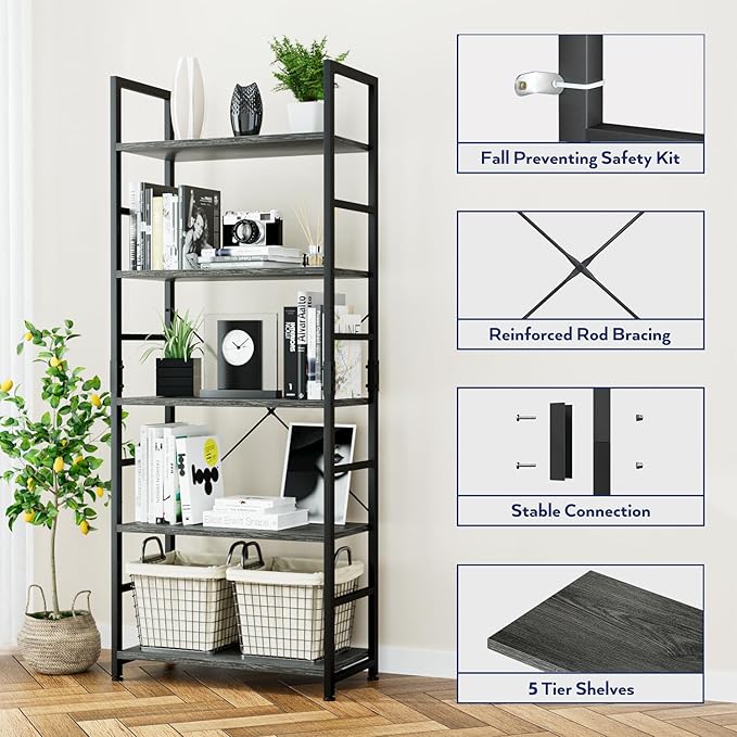 NUMENN 5 Tier Bookshelf, Tall Bookcase Shelf Storage Organizer, Modern Book