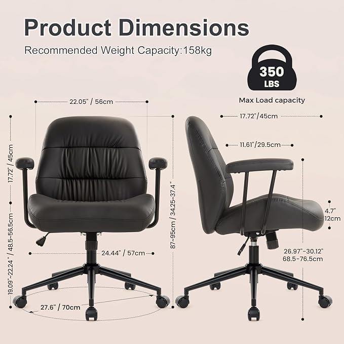 IWMH Leather Office Chair with Removable Armrests，Mid-Back Ergonomic Desk Chair