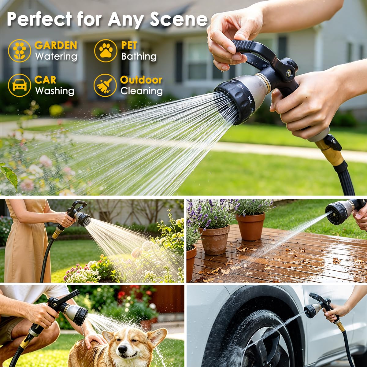 FANHAO Heavy‑Duty Metal Fireman Style Hose Nozzle, High Pressure Garden Water Sprayer with 8 Spray Patterns, Lever Control Ergonomic Grip Garden Sprayer for Lawn, Car Washing & Outdoor Cleaning