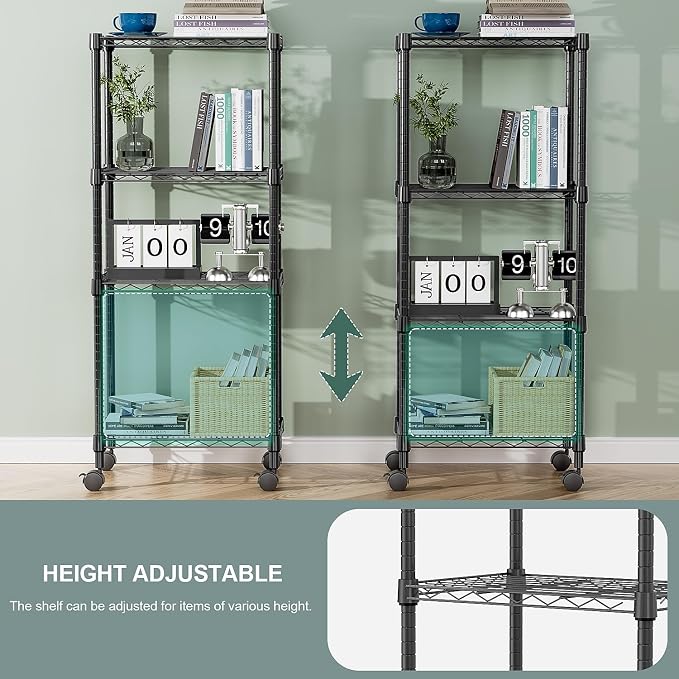 M MZG 4-Shelf Adjustable Heavy Duty Steel Wire Rack, Adjustable Storage Shelving Unit with Wheel for Kitchen, Garage, Laundry Black 11.8" D x 17.7" W x 40.8" H