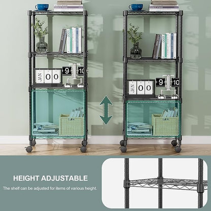 M MZG 4-Shelf Adjustable Heavy Duty Steel Wire Rack, Adjustable Storage Shelving Unit with Wheel for Kitchen, Garage, Laundry Black 11.8" D x 17.7" W x 40.8" H