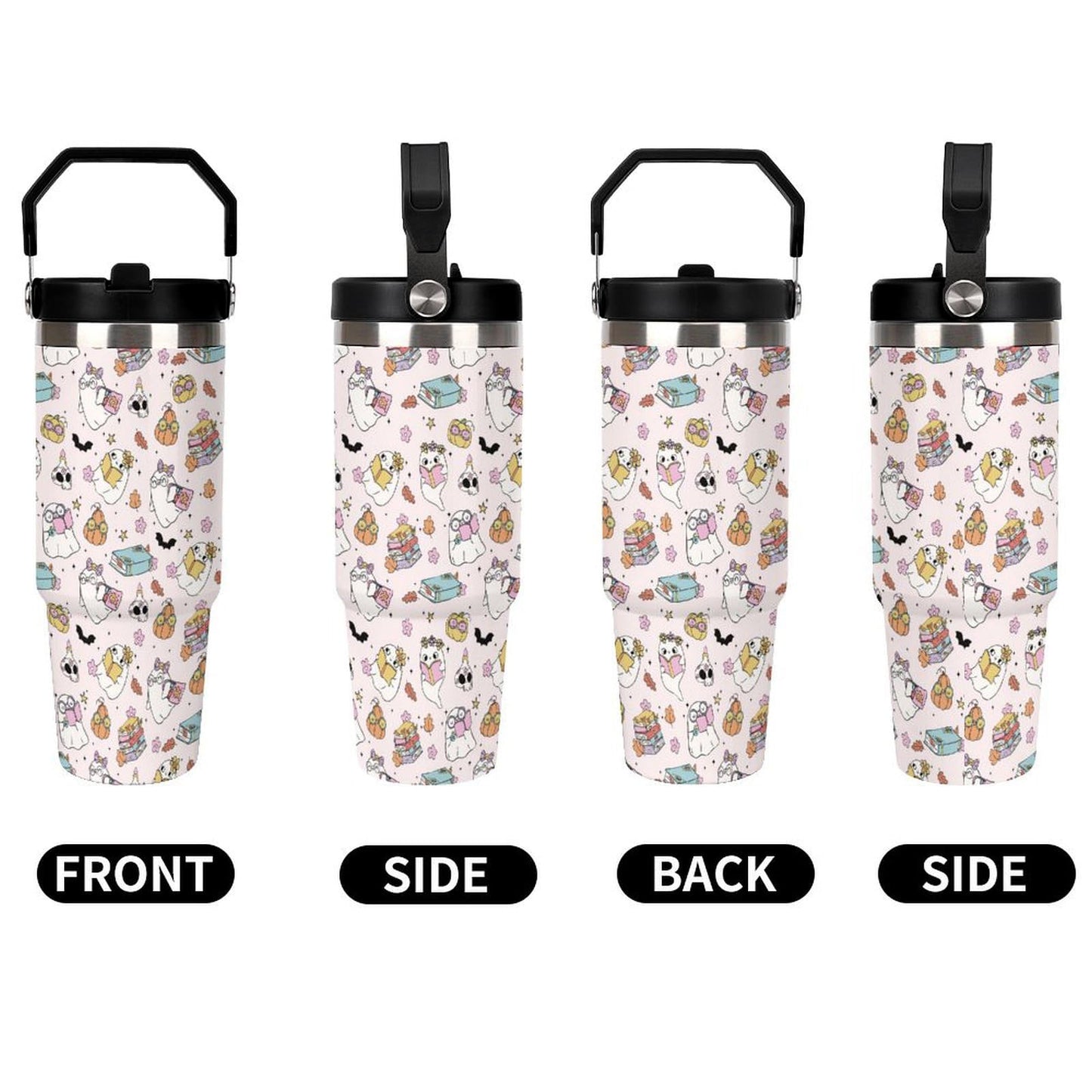 TOUNHEYA Halloween Tumbler with Handle Flip Straw Pink 30oz Insulated Stainless Steel Cup Ghost Reading Book Travel Coffee Mug Water Bottle for Women