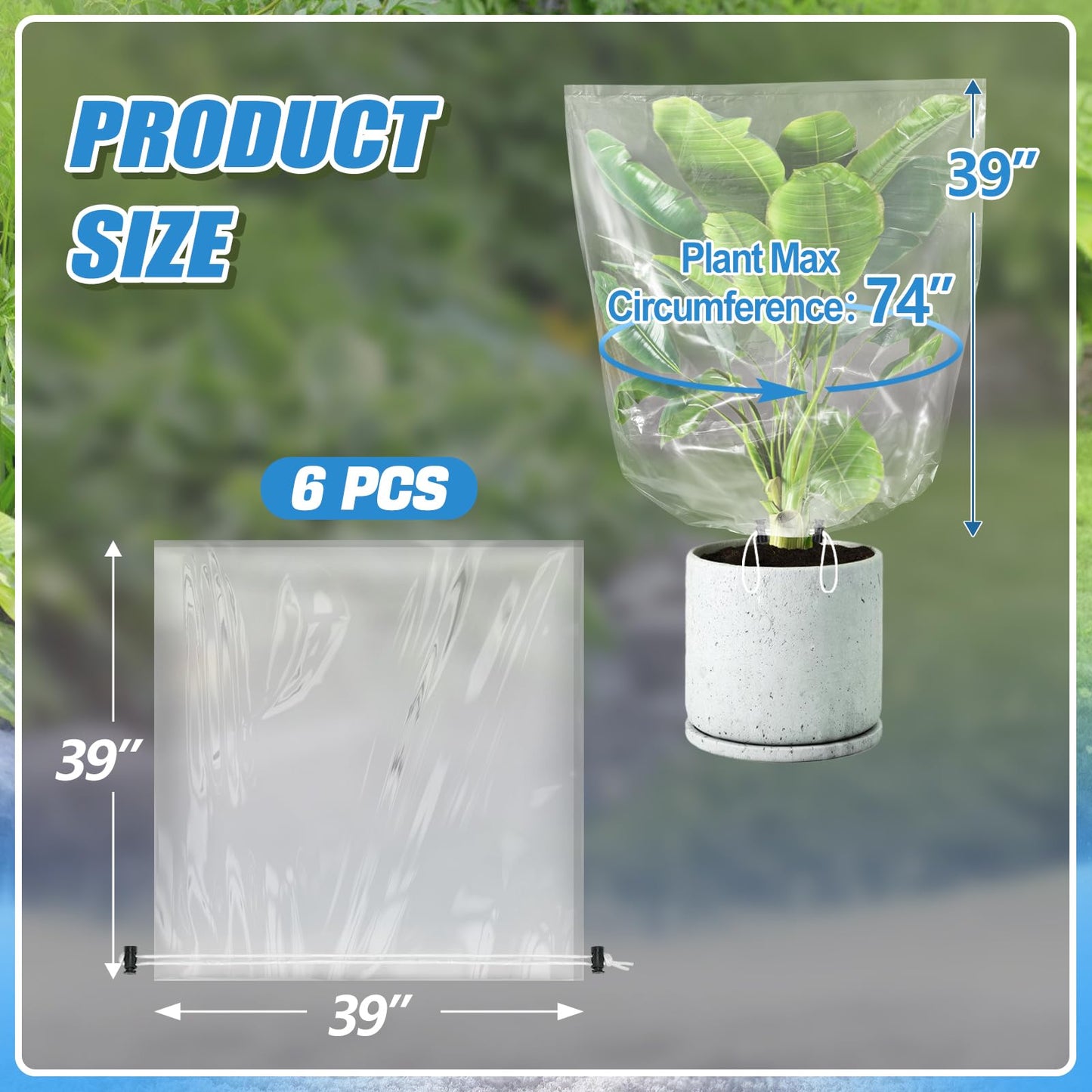 6 Pcs Winter Plant Cover Freeze Protection - 39" x 39" Plastic Plant Frost Bags with Drawstring, Transparent Waterproof Plant Shelter Coverings for Outdoors Garden Plants Shrubs Sapling Bushes