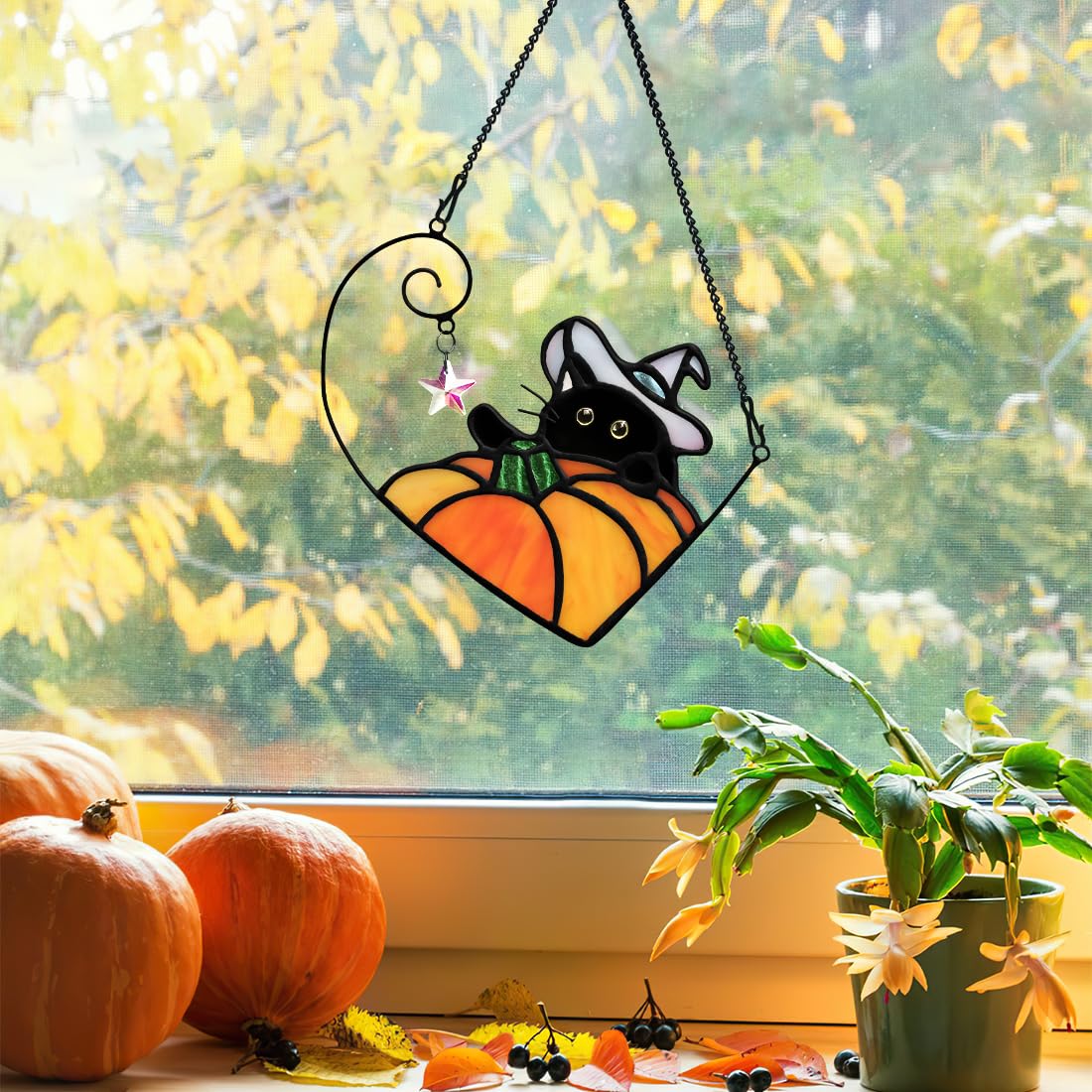 BOXCASA Black Cat Stained Glass Suncatcher, Halloween Pumpkin Witch Gifts