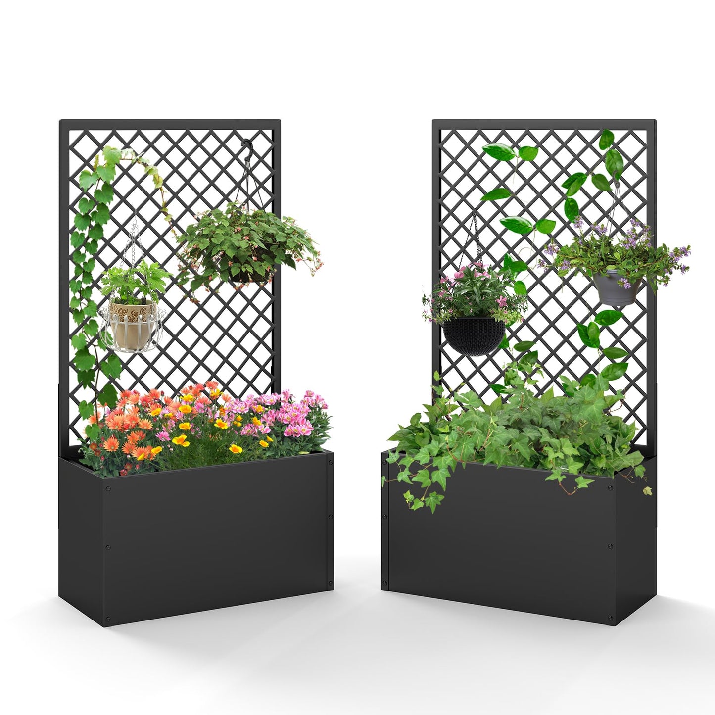 kinbor Planter with Trellis - Set of 2 Planter Boxes Outdoor, Metal Raised Garden Bed with Lattice Trellis for Climbing Plants, Black Flower Boxes Outdoor