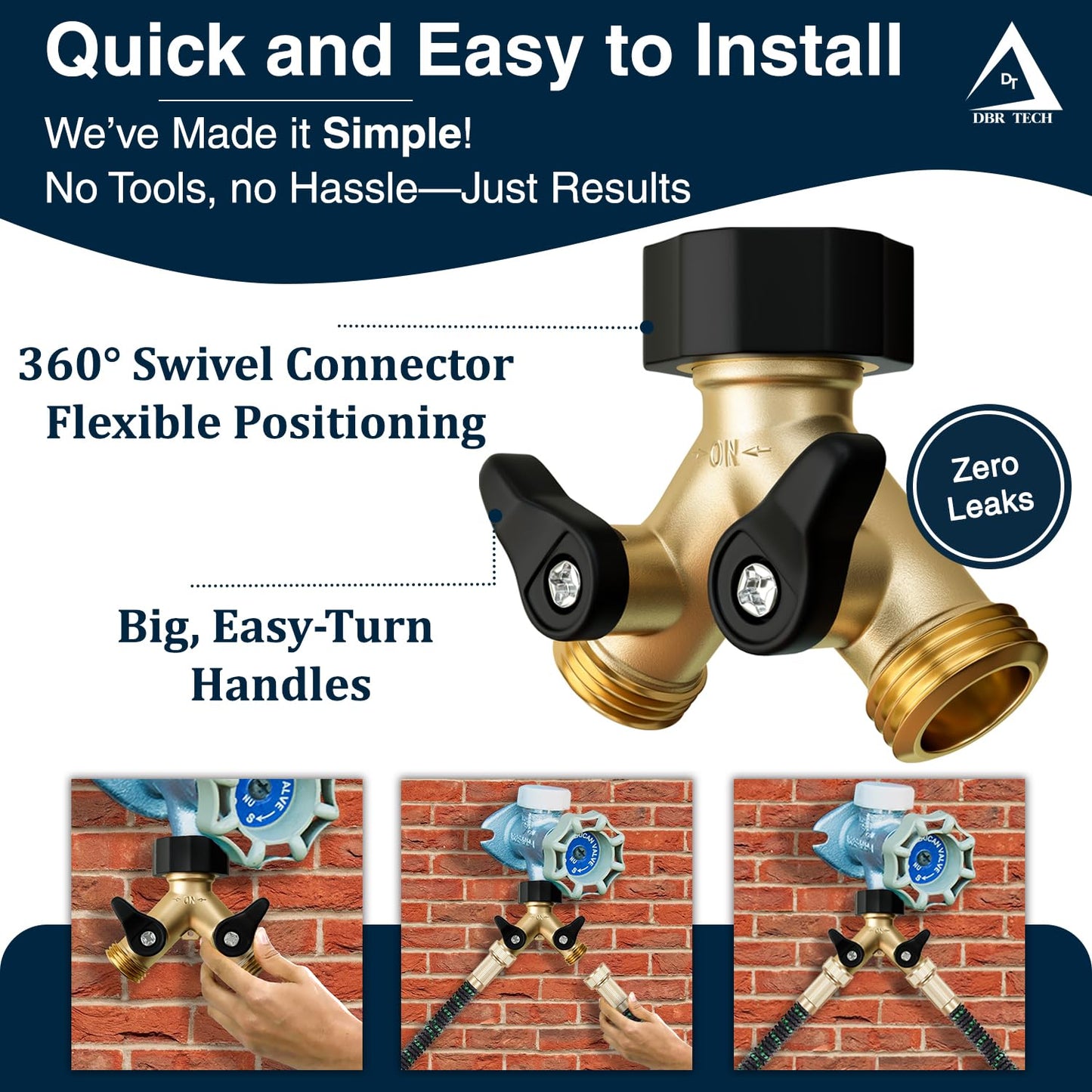 DBR Tech® Heavy Duty 2 Way Hose Splitter (Premium Brass for Superior Durability), Wye Garden Hoses Connector for Water Spigot Faucet Bib Tap, Double Shut Off Valve, Y Adapter, Rust-Resistant Finish