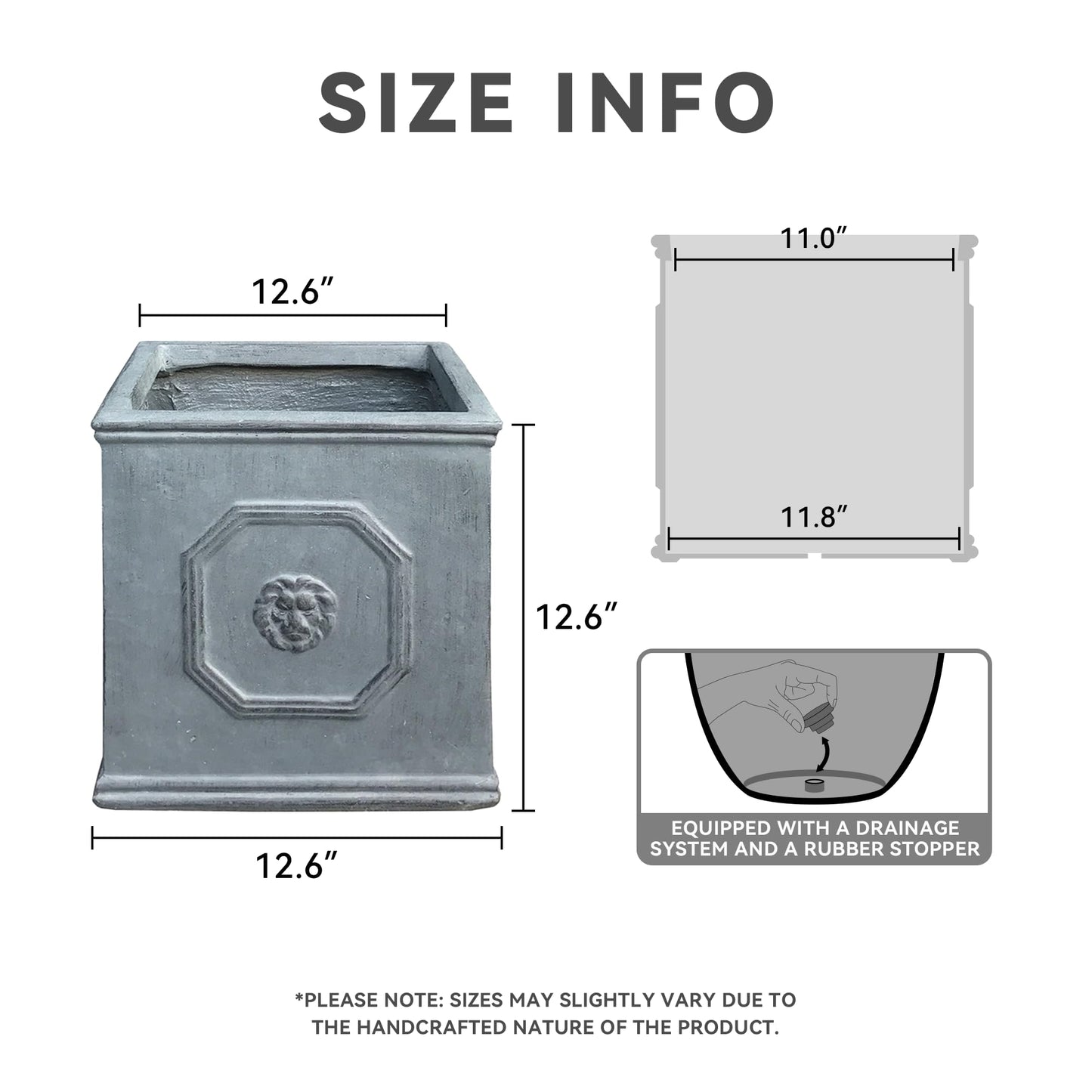 Kante Square Lion Head Concrete Planter, Classic English Style Plant Pot with Drainage Hole and Rubber Plug for Indoor Outdoor Garden Patio Home, 12.6"x12.6"x12.6" Gravel Gray