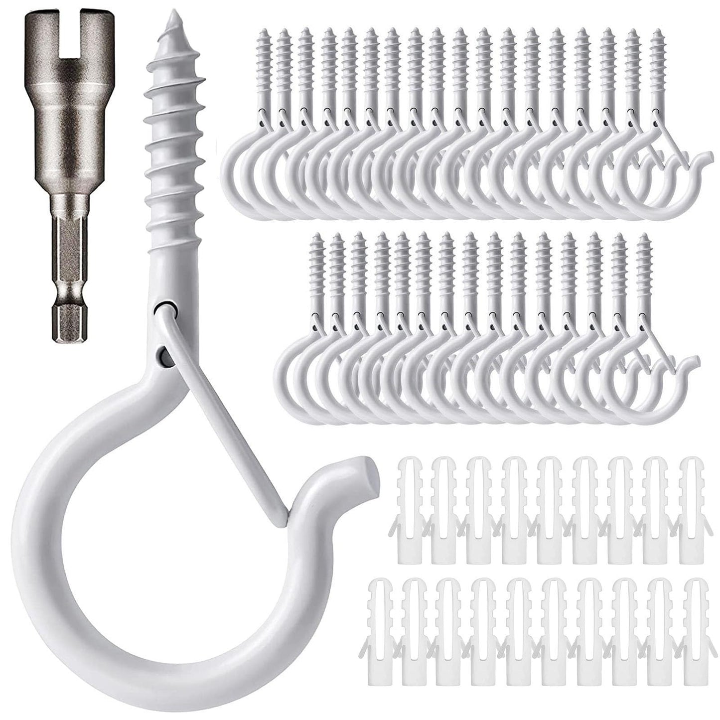 Zzbety 20 PCS Q-Hanger Hooks White - Screw in Hooks with Safety Buckle Design Christmas Lights Hanger Outdoor Wire Fairy Lights and String Lights, Easy to Release, Include 1 Wing Nut Driver