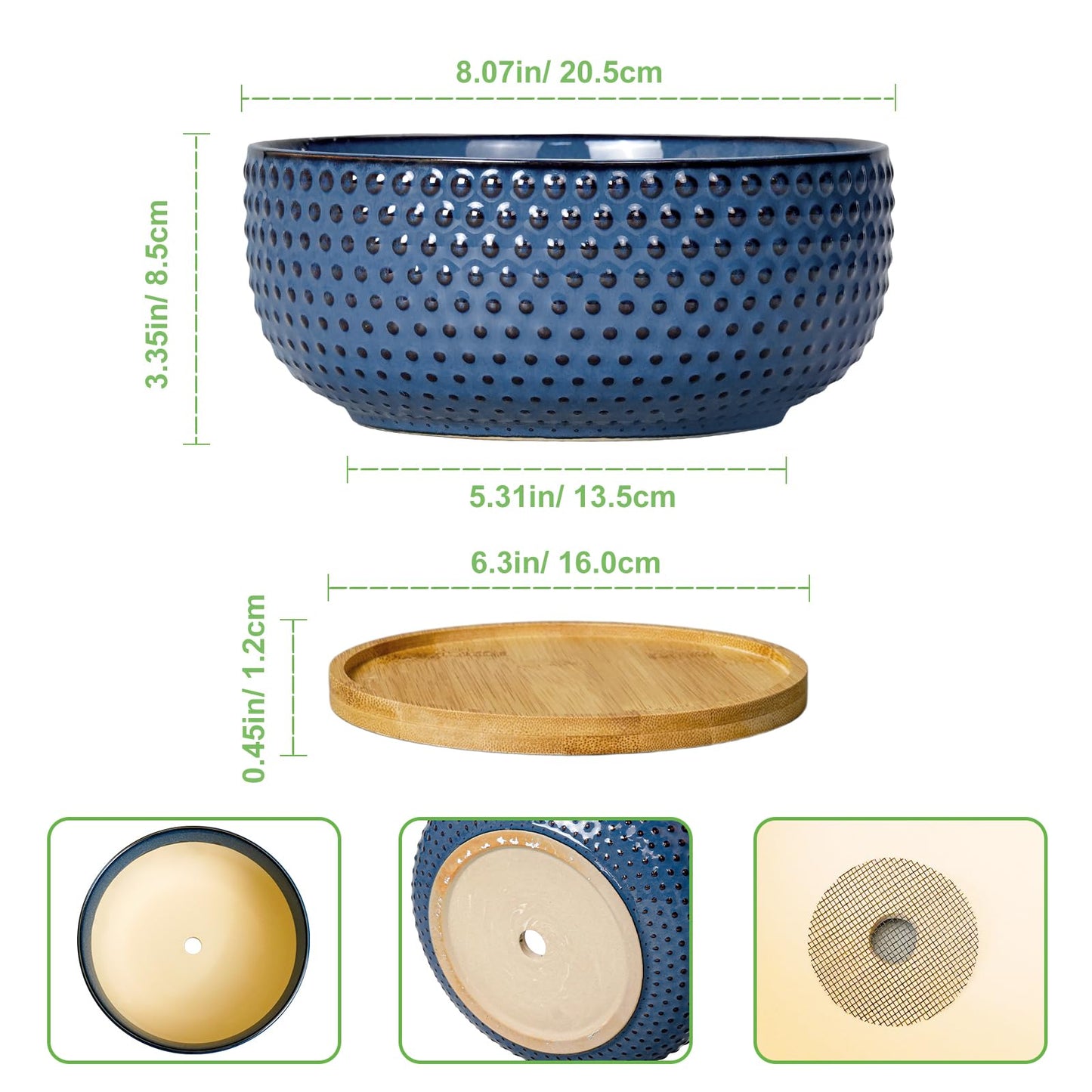 EPFamily Bonsai Pots - 8 Inch Ceramic Pots for Succulent Plants & Bonsai Tree, Planter with Drainage Hole and Saucer, Modern Round Decorative Flower Planters, House Decor, Gifts for Women Man, Blue