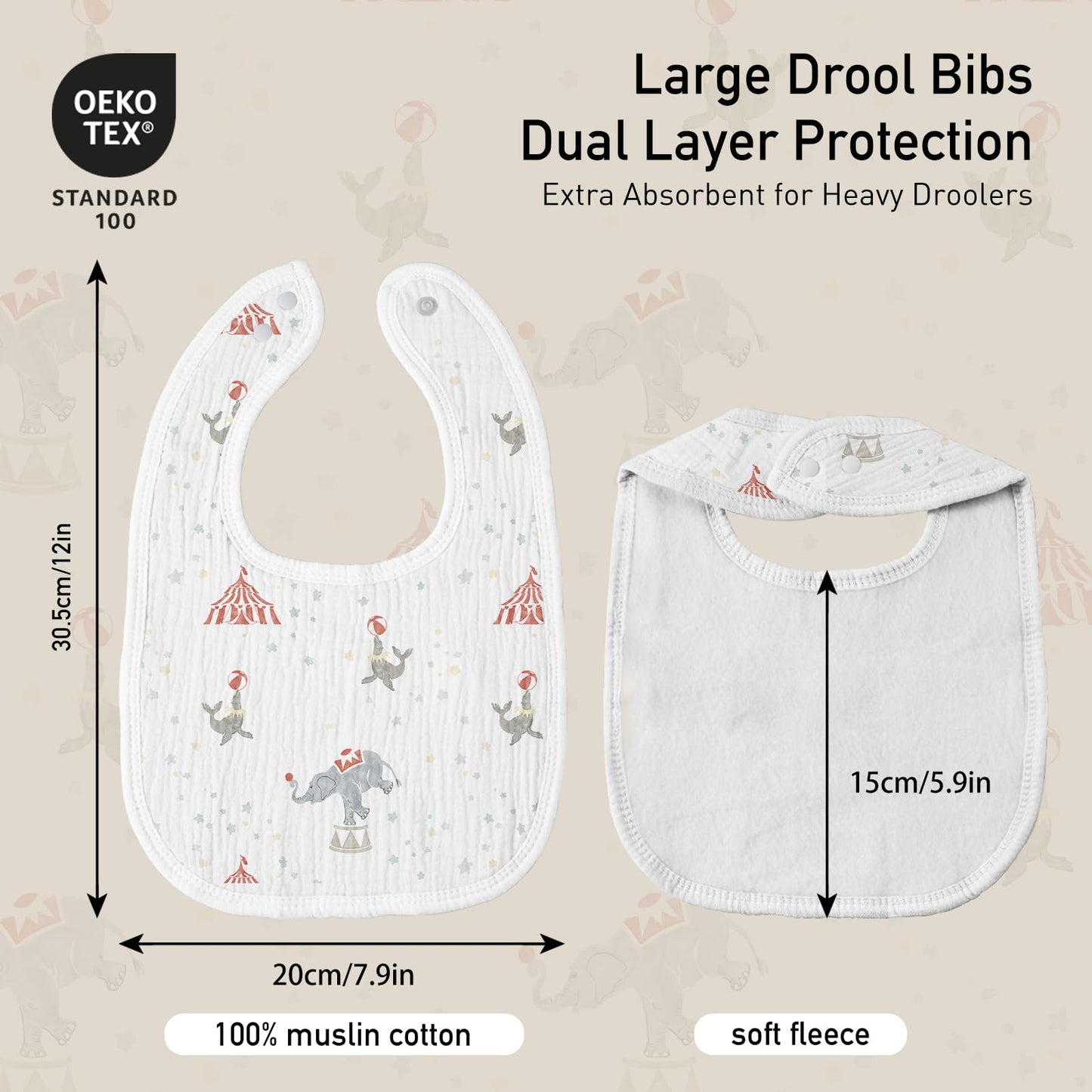 GLLQUEN BABY Muslin Drool Bibs for Boys Girls 8 Pack, Adjustable Baby Bibs for Drooling and Teething, Soft Cotton Baby Bandana Bib for Newborn Feeding Essentials (Circus)
