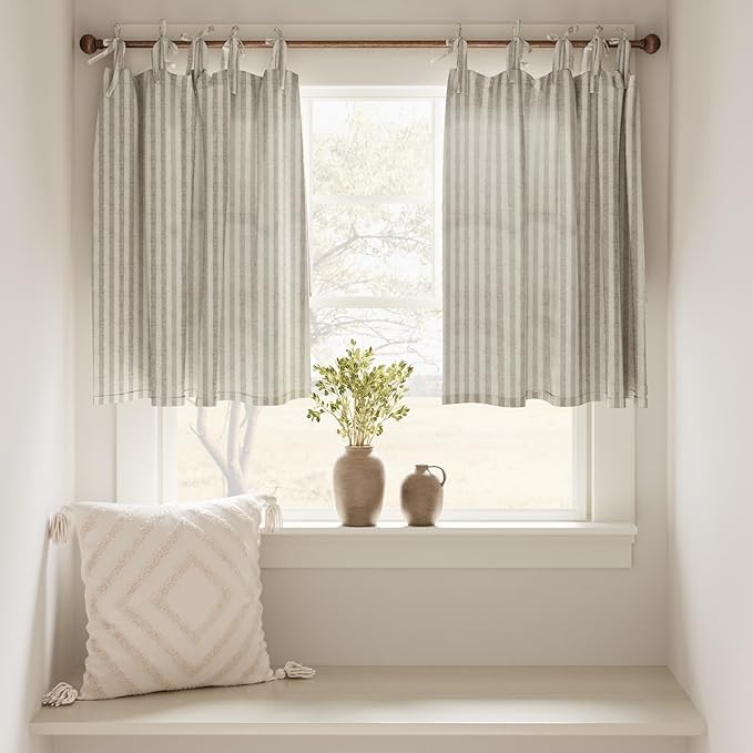 jinchan Tie Top Kitchen Curtains 36 Inch Length Striped Tier Curtains Ticking Stripe Small Drapes for Living Room Bathroom Cafe Small Window Farmhouse Rustic Rod Pocket 2 Panels Taupe Grey