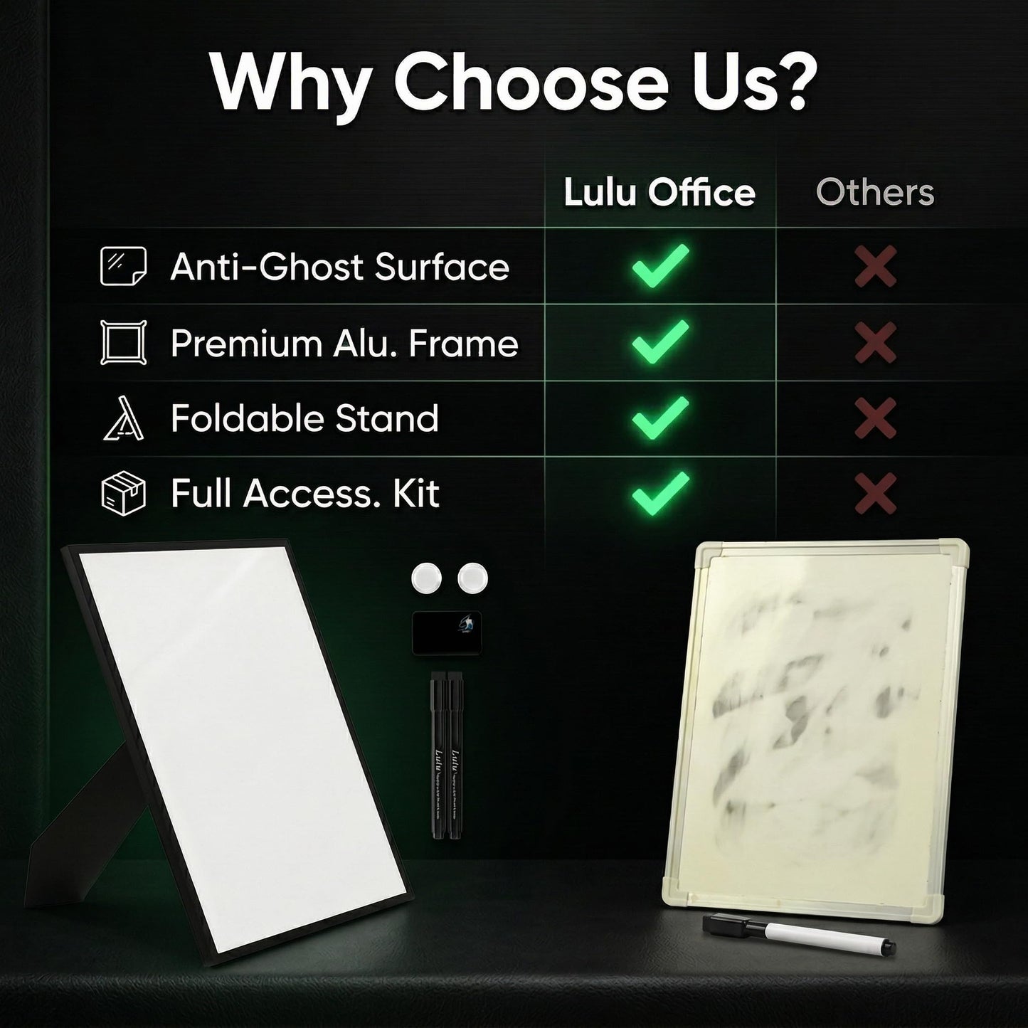 Lulu Office Magnetic Dry Erase Board 12x16 with Foldable Stand, Portable Black Desktop Whiteboard for Home, Office, School & Kitchen