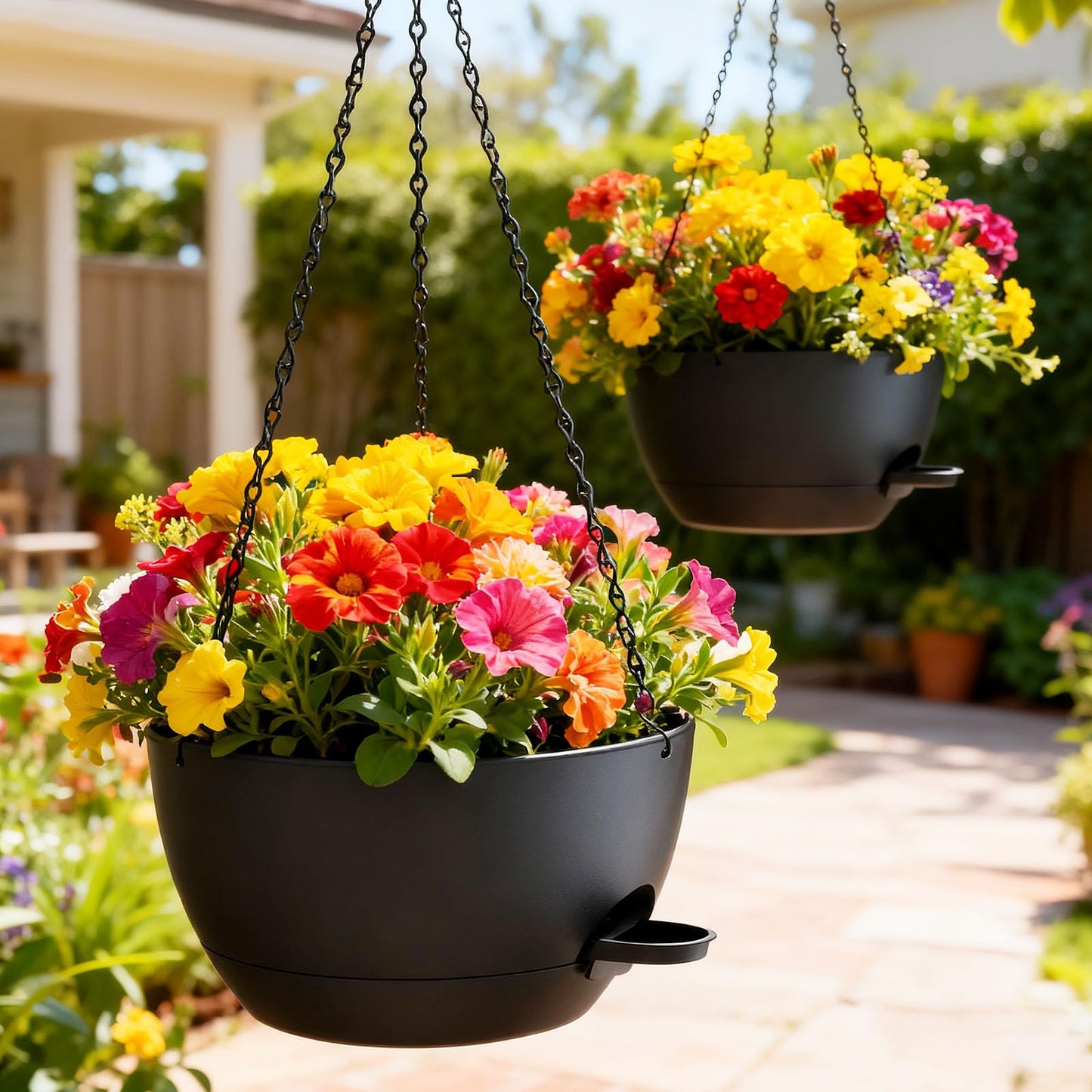 SQKH 12 Inch Hanging Baskets 2 PC with Chains, Self-Watering Hanging Planters for Indoor Outdoor Plants, Plastic Hanging Flower Pots,Black