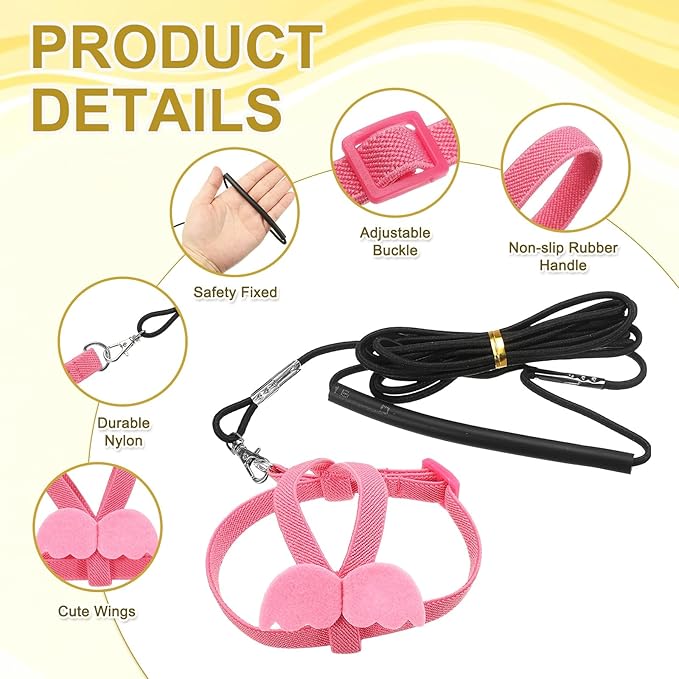 Bird Harness Leash, Adjustable Pet Parrot Bird Harness and Leash Lightweight Anti-Bite Flight Training Rope with Cute Wing, (Pink, S), Intended for Parrots/Pigeons/Budgies