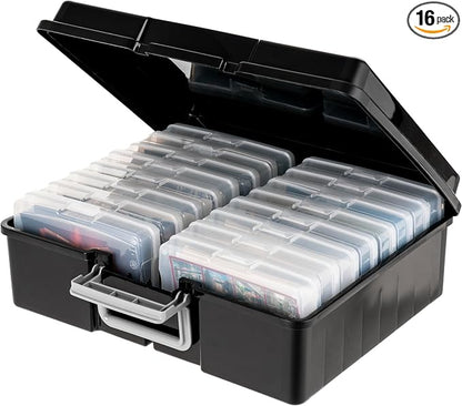 IRIS USA 4" x 6" |Made in USA| Photo Organizers and Picture Storage Box with Handle, 16 Inner Cases/Containers for Tasks, Stickers, Ephemera, & Flashcards - Black/Clear