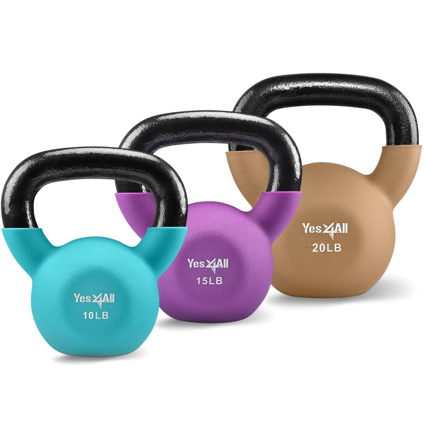 Yes4All Kettlebell, 5-65 LB Neoprene Coated Cast Iron Kettlebells, Wide Grip Handle & Flat Bottom for Swings, Squats, Deadlifts, Push Ups & Full Body Training at Home Gym - Single & Set