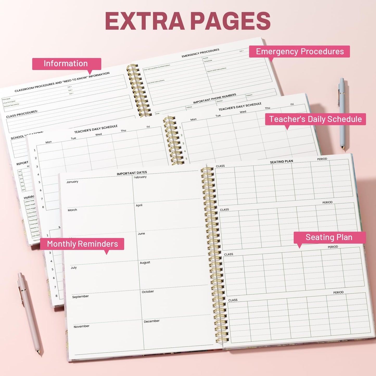 SUNEE Teacher Class Record Book for 9-10 weeks, 36 Names, 8.5x11 Inch, 104 Pages(52 Sheets), 100gsm Thick Paper, Larger Grade Recording up to 36 Students with Water-Resistant Plastic Cover,Pink Marble