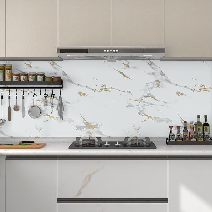 practicalWs Glossy Marble Wallpaper Peel and Stick White/Gold Granite Contact