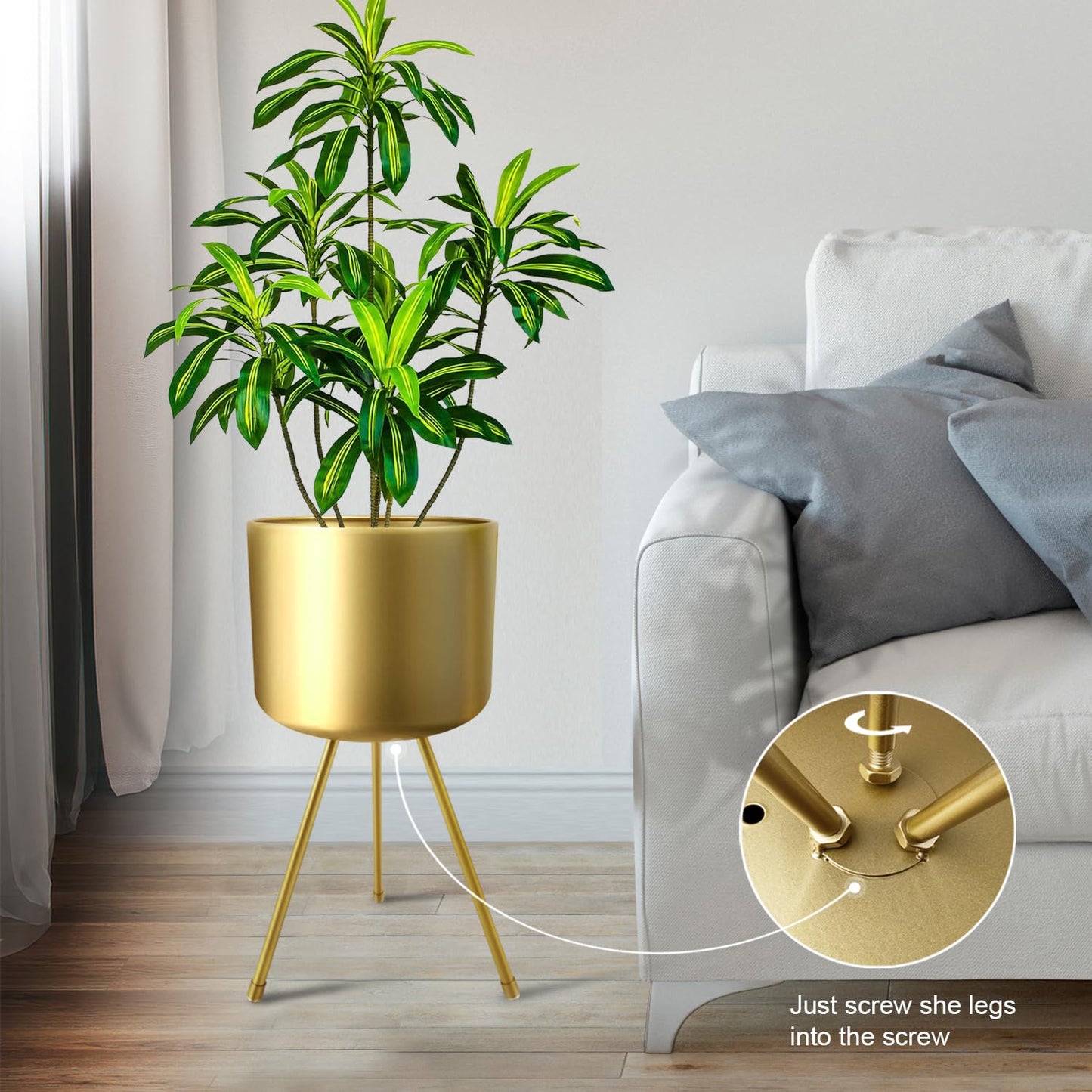 magarz Mid-Century Metal Flowerpot with Stands, Stylish Modern Floor-Standing Flowerpot,Suitable for Orchid, Aloe Indoor Outdoor Decoration 10'' Wide 20'' high (Large, Gold)