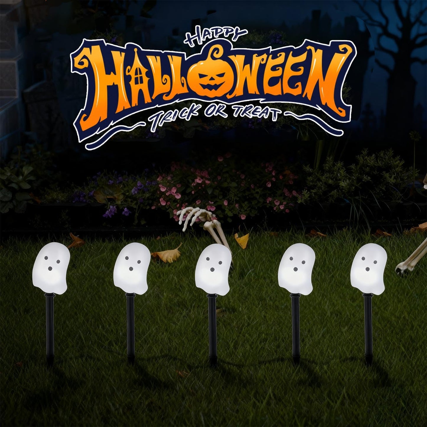 Halloween Solar Lights for Outdoor Decorations, 5 Pack Ghost Pathway Lights, Solar Ghost Lights for Garden, Yard, Party Halloween Decor（Dull）