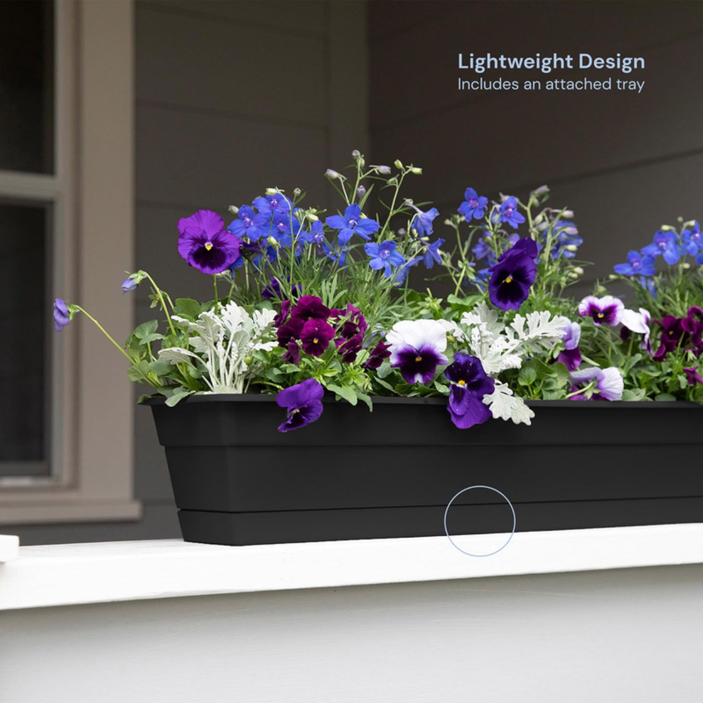 Bloem Dura Cotta 24" Plastic Window Box Planter with Saucer Tray: Indoor/Outdoor, for Window Sill, Ledge, & Tabletop, Black