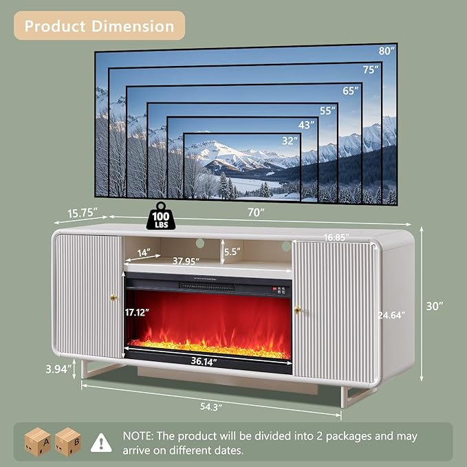 IFGET 70" Fluted Fireplace TV Stand