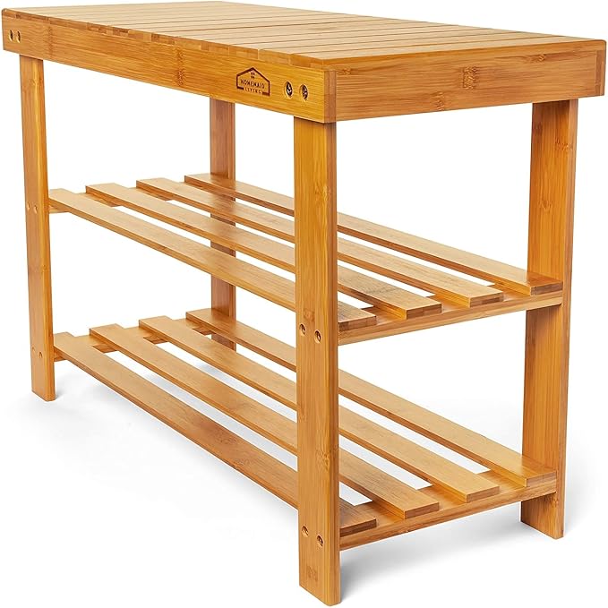 Purawood Bamboo 3 Tier Shoe Rack Bench, Premium Shoe Organizer or Entryway Bench