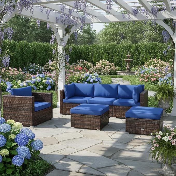 Tangkula 6 Pieces Wicker Patio Furniture Set, PE Rattan Outdoor Sectional