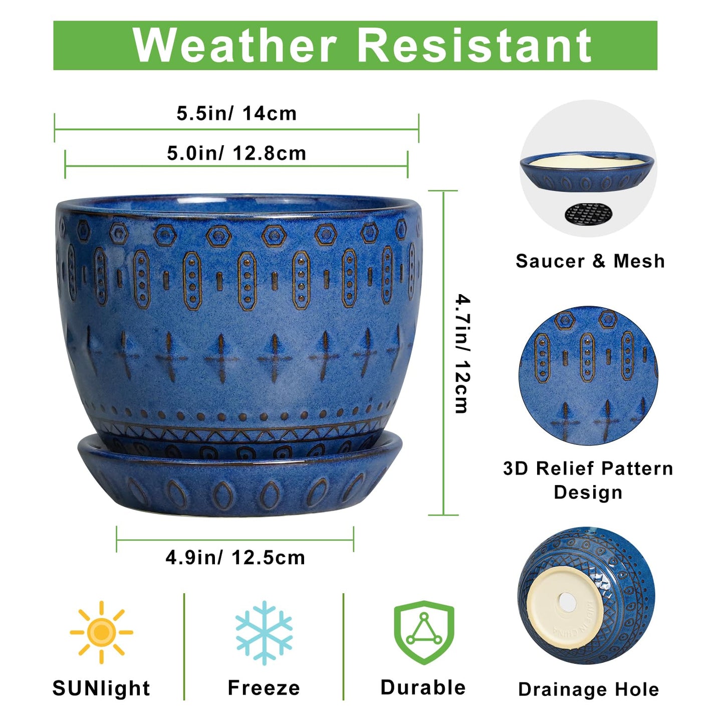 G EPGardening Plant Pot 5 Inch - Ceramic Planter for Indoor Plants Outdoor, Succulent Orchid Pot with Drainage Hole and Saucer, Round Flower Pot for Home Decor, Blue