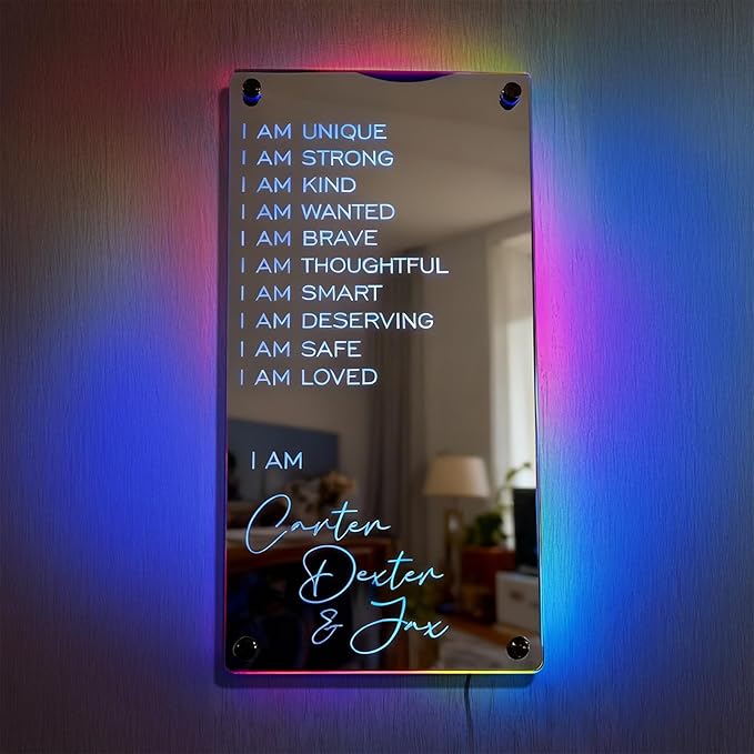 VEELU Personalized Custom Name Mirror LED Light Up Mirror, Wall Decor