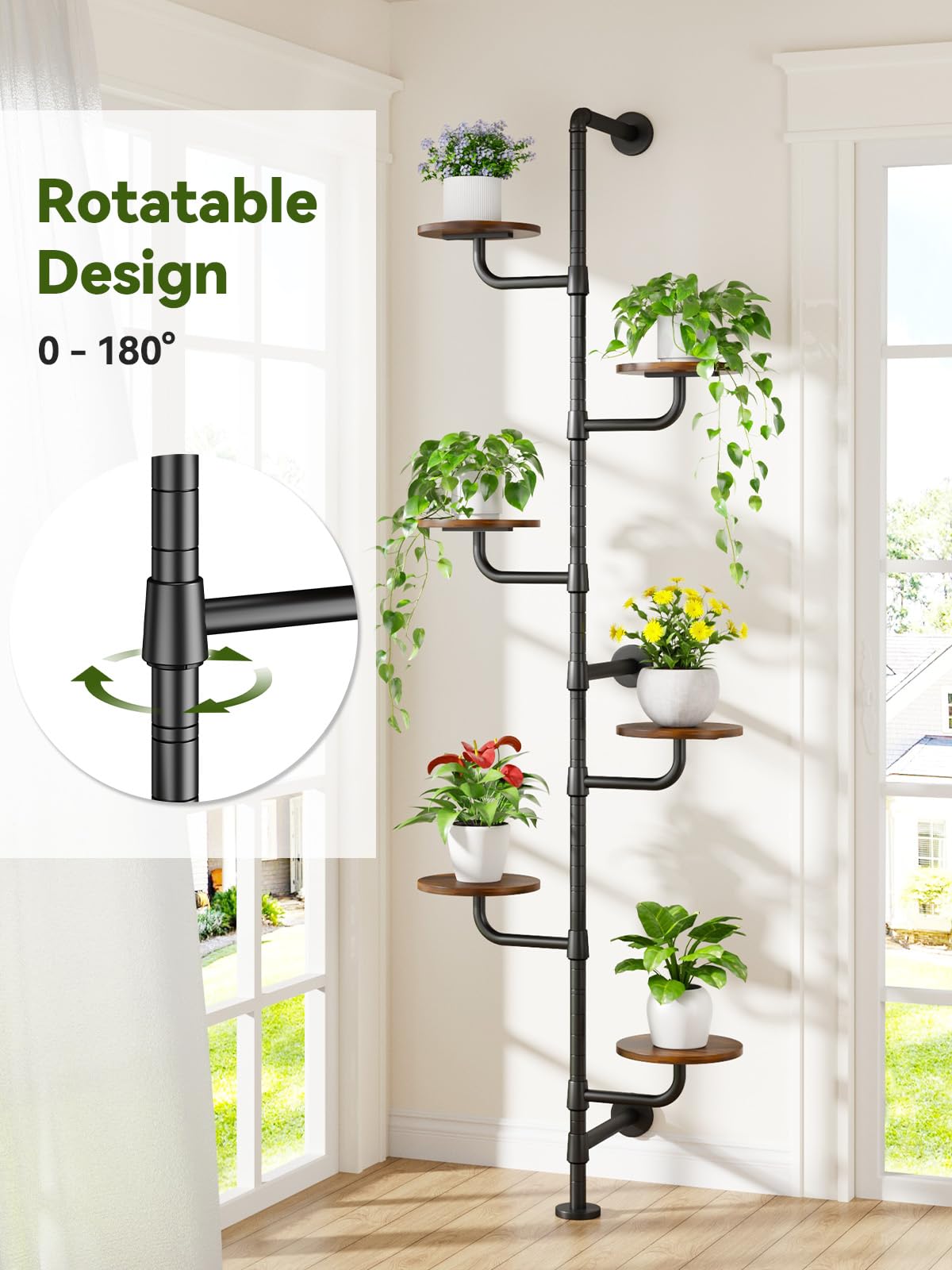 CYXPHION Plant Stand Indoor, 6-Tier Plant Shelf, Tall Wall Mounted Metal Pole & Rotating Wooden Board Plant Holder for French Window, Corner, Home Decor - C5