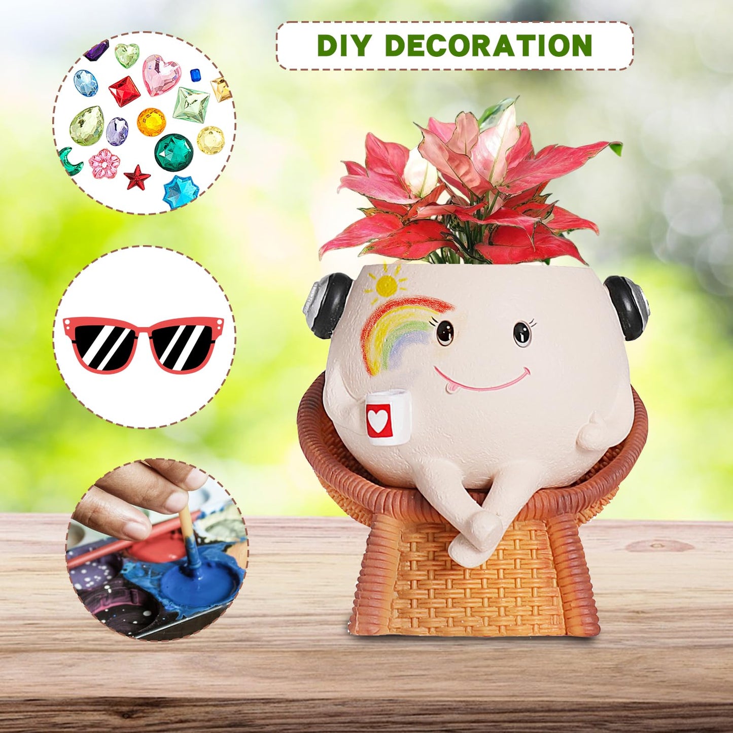Self Watering Planter Pot Cute Resin Flower Head Planters for Indoor Outdoor Handmade Smily Face Pot Unique Cane Chair Succulent Pots with Drainage Gift Ideal for Mother and Appreciation Christmas