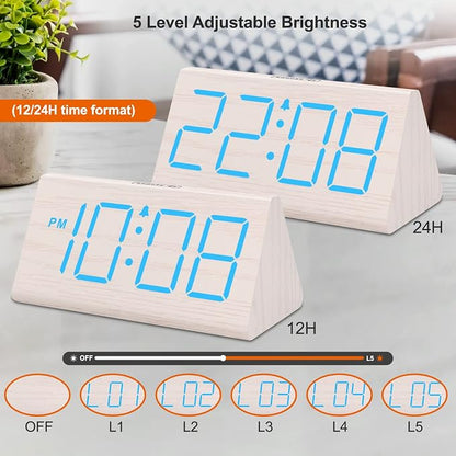 DreamSky Wooden Digital Alarm Clock for Bedrooms with Large Numbers | Electric Desk Clock, USB Port, Loud Alarm for Heavy Sleepers, Adjustable Volume, Dimmer, DST, Wood Décor Gifts, Plug in Clock