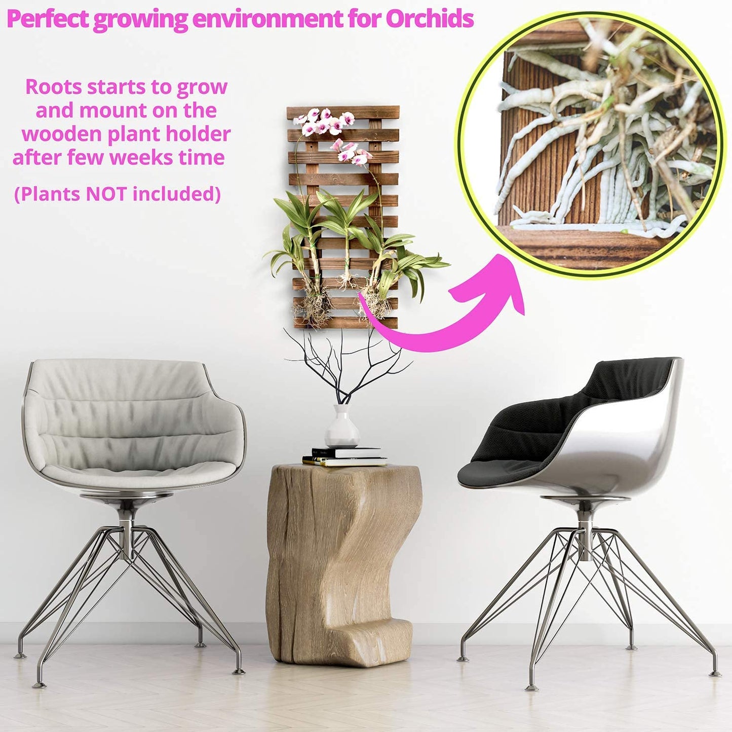 ShopLaLa Bundle- 2 Pack, 23.6 Inch Wooden Plant Holder + 10 Pack, 4 Inch White Self Watering Plastic Pot Modern Hydroponic Vertical Live Garden Display Wall Mount Plant Stand Home Living Room Decor