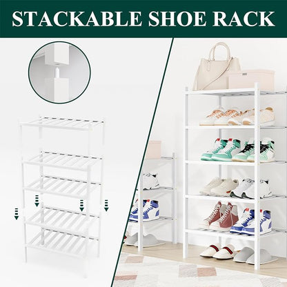 Smiry Small Bamboo Shoe Rack, 6 Tier Free Standing Wooden Shoe Organizer, Stackable Wood Shoe Storage Shelf for Closet, Entryway, 12 Vertical Slats, 2+2+2 Stack Standard Legs, 17.3"x11"x39", White