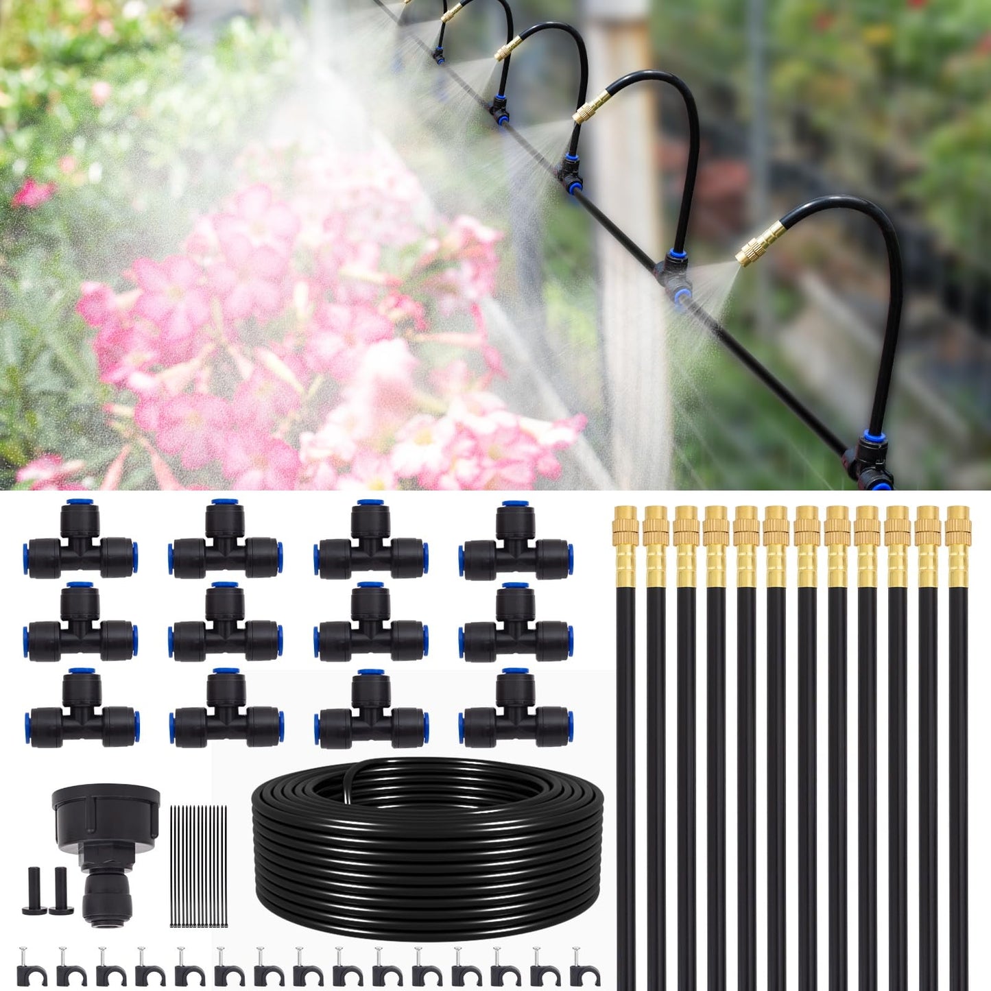 Delinlin 1/4" 60Ft Garden Drip Irrigation System with 12pcs 360°Adjustable Brass Nozzles & Bendable Rod, 2026-Upgraded Watering System Kit for Outdoor Raised Bed, Potted Plant, Yard, Greenhouse