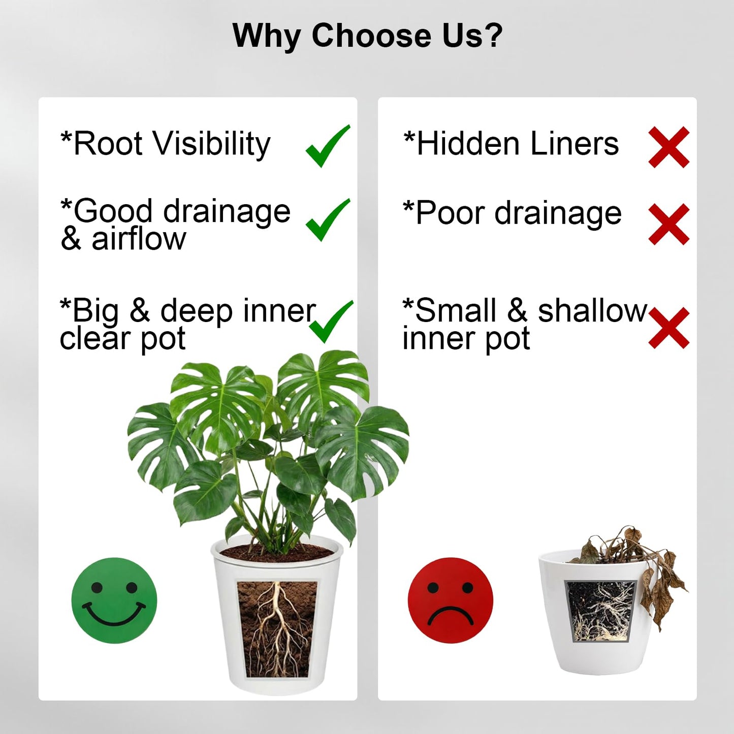TineDew 3 Pack of 6in Plastic Cachepot with 6 inch Clear nusery Pot - self Watering Indoor Planter with Drainage for Root Visibility,semi Hydro pots for repotting Orchids,Aroid or Monstera,Black