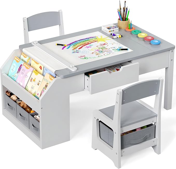 5-in-1 Kids Art Table and Chairs, Toddler Table and Chair Set, Craft Play Desk