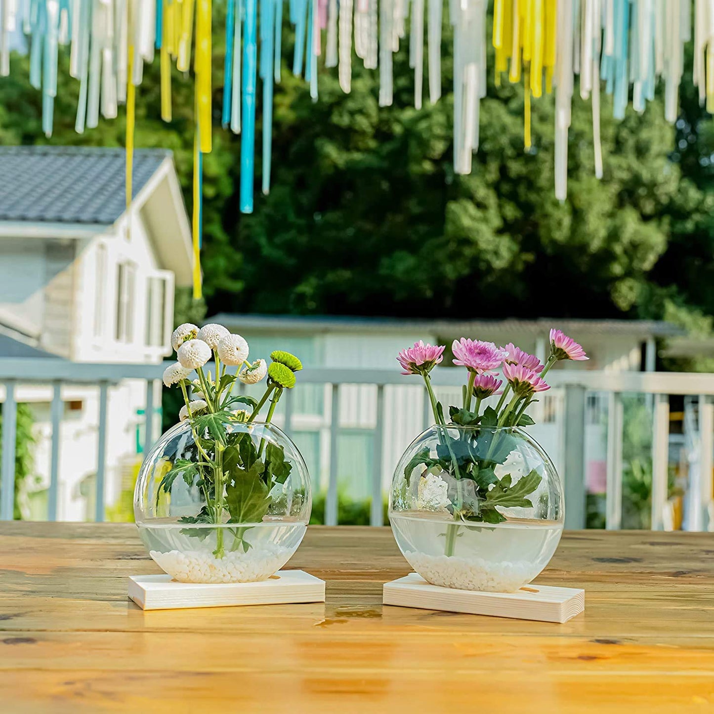 Kingbuy Round Glass Desktop Planter with Wooden Stand - Propagation Vase for Hydroponic Plants, Spider Plants, Pothos in Home Office Decor, 2-Pack, Beige