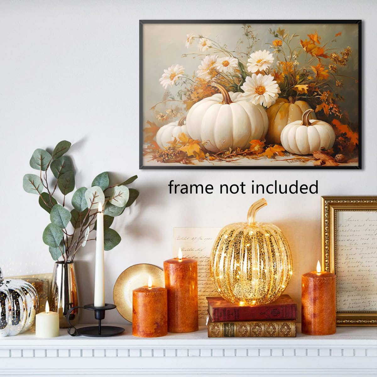 Farmhouse Autumn Pumpkin Canvas Wall Art, White Orange Pumpkins Still Life Painting Pictures, Rustic Farm Fall Daisy Flower Posters, Halloween Thanksgiving Autumn Wall Print Decor 16x24in Unframed