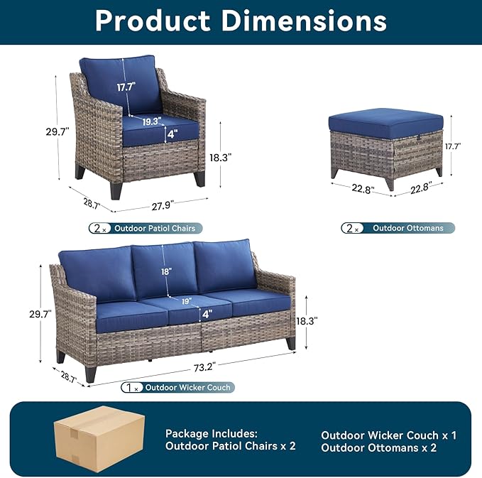 5 Pieces Outdoor Furniture-High Back Outdoor Wicker Couch Patio Chairs Set of 2