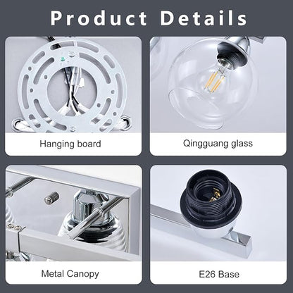 Bathroom Light Fixtures, 3-Light Silver Vanity Light with Hand-Blown Thick Glass Shades, High Transparency & Few Flaws, Wall Sconce for Mirror, Kitchen, Bedroom