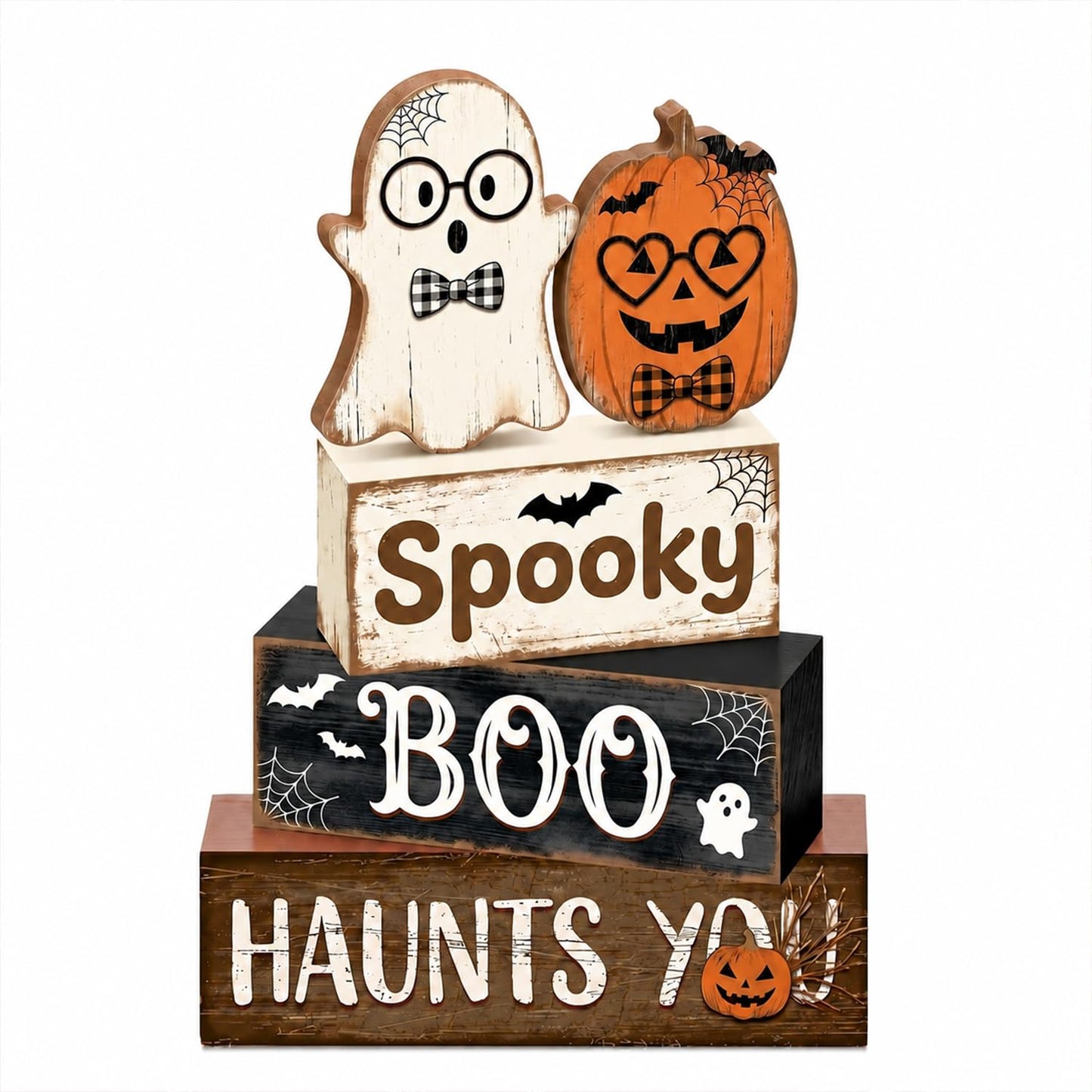 4 Pcs Halloween Decorations, Wooden Ghost and Pumpkin Block Signs Featuring Glasses Design, Farmhouse Cute Halloween Tiered Tray Decor, Spooky Boo Haunts You Table Centerpiece for Home Office Mantel Kitchen Shelf