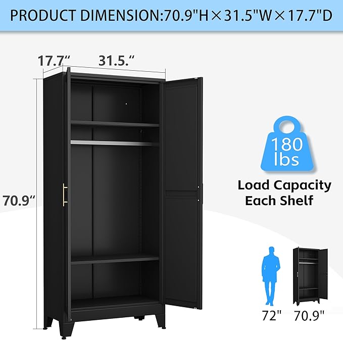 erosoei 71 "Metal Armoire Wardrobe Closet, Steel Clothing Storage Cabinet