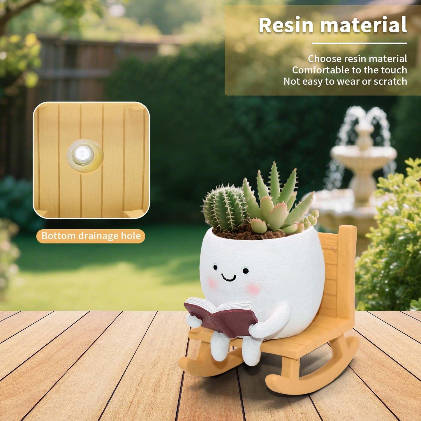 LAUGOKEBE Smily Face Reading Book Planter Pot, Cute Resin Flower Head Planters for Indoor Outdoor, Unique Sit Rocking Chair Succulent Pots with Drainage Hole Gift IdeaI for Christmas