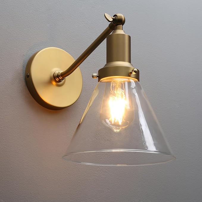 PERMO Industrial Vintage Slope Pole Wall Mount Single Sconce with Funnel Flared Clear Glass Shade Wall Sconce Light Lamp Fixture Hardwired (Antique Gold)