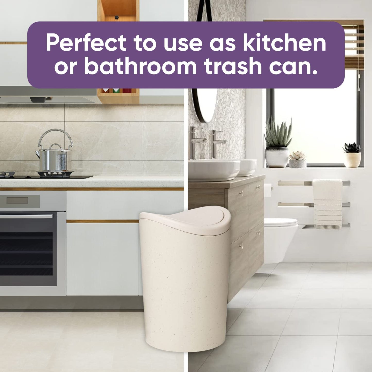 Superio Small Bathroom Trash Can with Lid, Modern White Mini Waste Bin with Swing Lid (1 1/2 Gallon, 6 Liter) Plastic Garbage Can for Kitchen, Bathroom, Bedroom, Office, Under Desk (1, Ecohome)